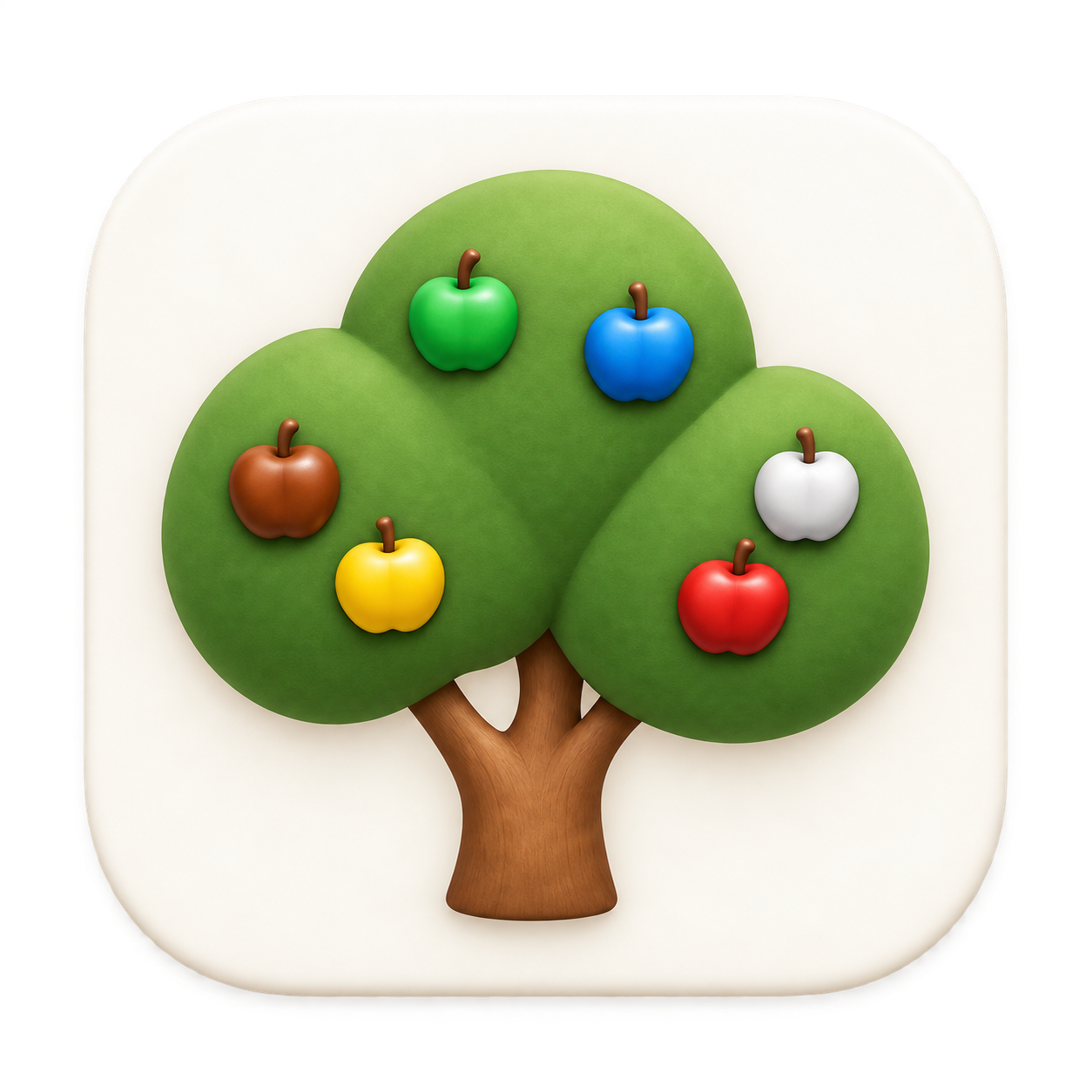 Pommier’s apple tree, with six colorful apples representing six Apple apps
